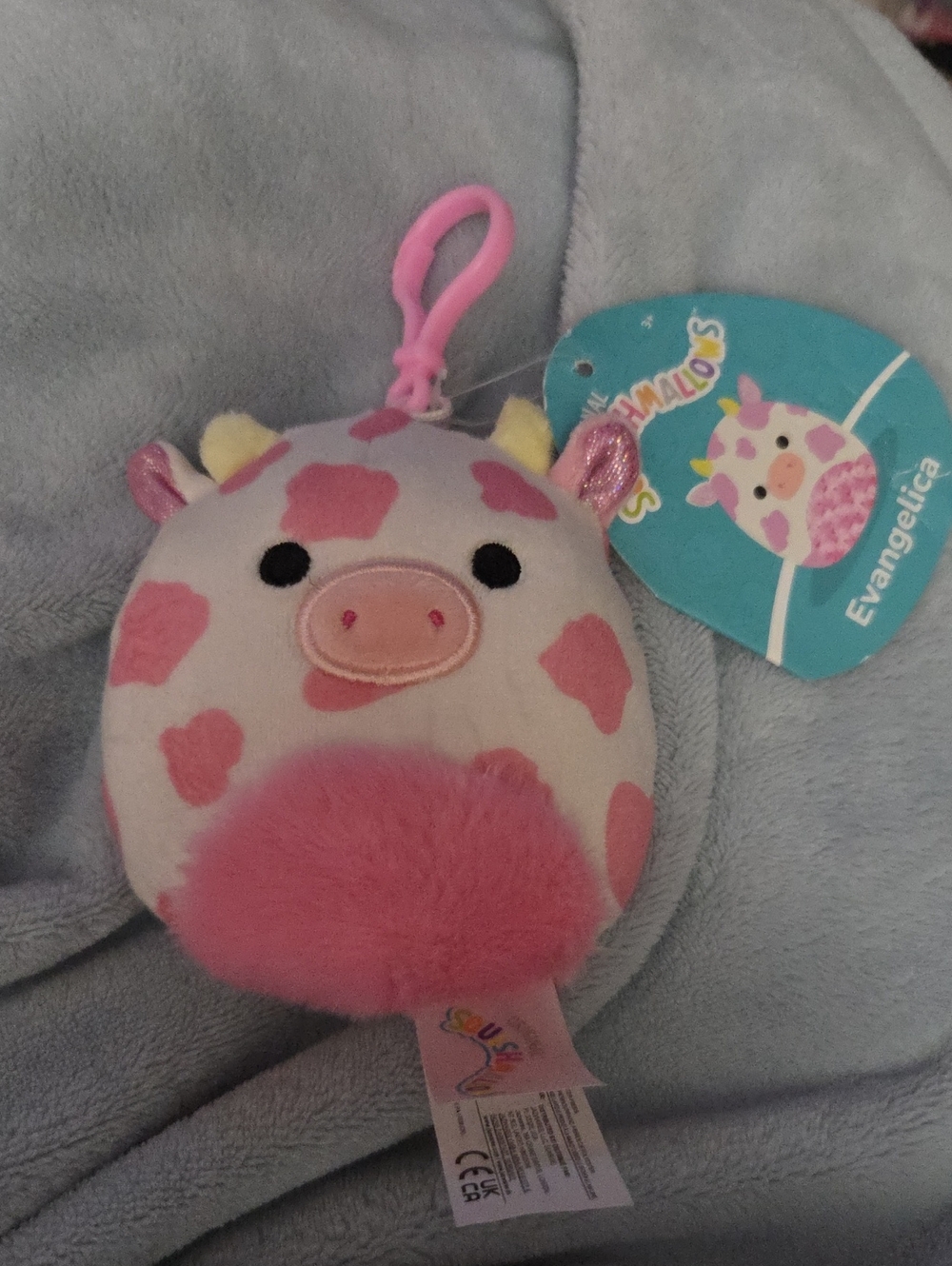 Squishmallows Evangelica Pink and White Cow Clip-On NWOT